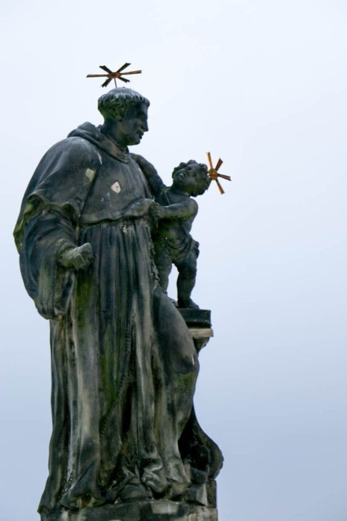 Saint Anthony of Padua the Patron Saint of Lost Possessions on the Charles Bridge in Prague. Avoid the crowds on the bridge in prague by coming early.