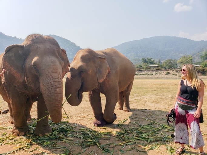 Posing with elephants at the best elephant sanctuary in Thailand - the elephant nature park outside of Chiang Mai