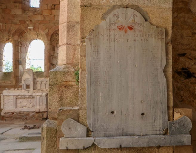 A WWI memorial in the burned church and site of the Oradour-sur-Glane massacre