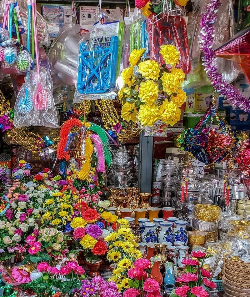 Khmer New Year decorations for sale at a stall in Old Market in Siem Reap