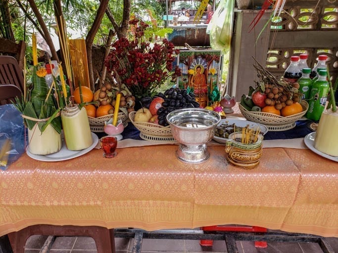 Offering table for Cambodian New Year