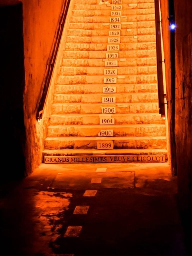 Stairs leading to the Veuve Clicquot wine cellars in Reims