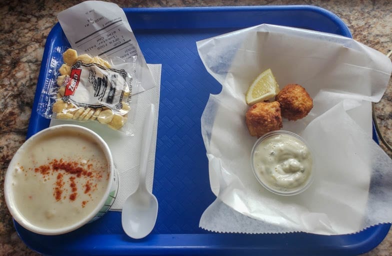 Chowder and a side of lobster mac-and-cheese bites in Cannon Beach, Oregon.