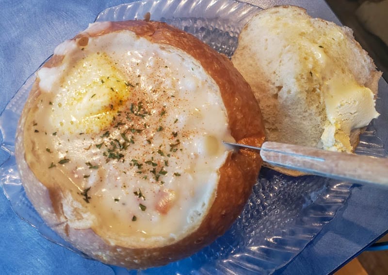 A bread bowl full of clam chowder at Mo's in Cannon Beach, Oregon.