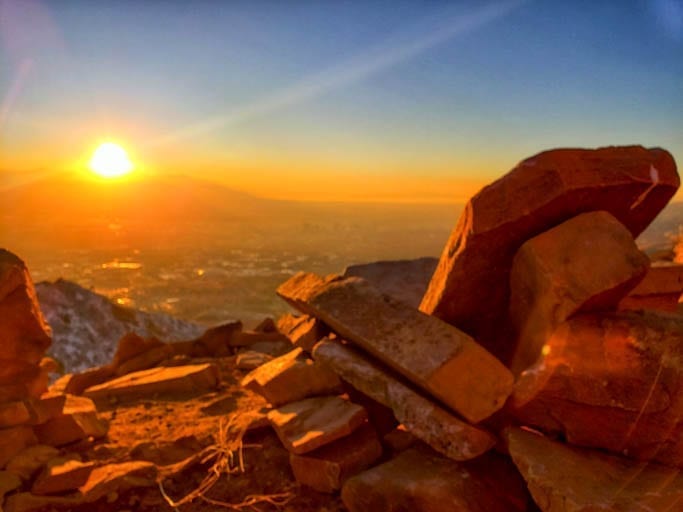 The top of the Living Room Lookout Trail with stones made into armchairs