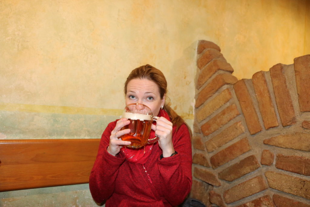 Avoiding the crowds in Prague tucked into a corner booth at U Provaznice Restaurant