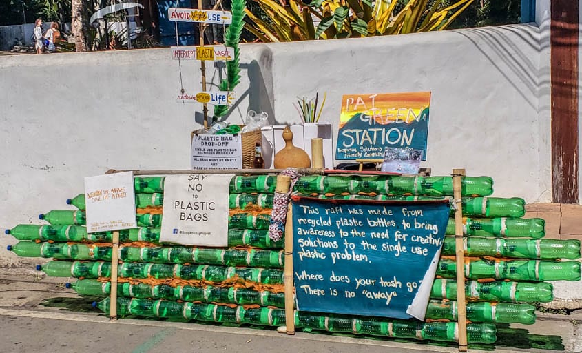 The need to travel without plastic water bottles is made clear in this urban artwork in Pai.