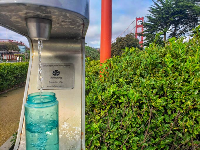 A water refill station at the Golden Gate Bridge helps us travel without plastic water bottles.