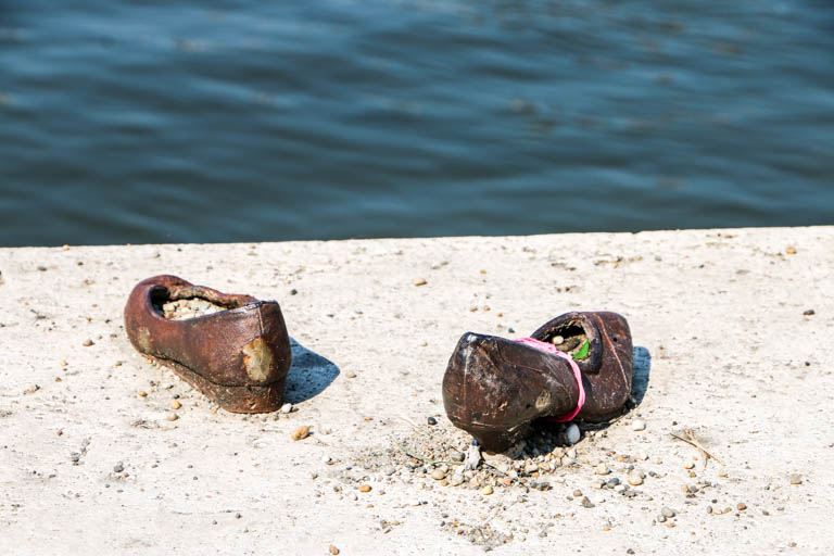 Closeup of a pair of women's shoes at the shoes on the danube memorial