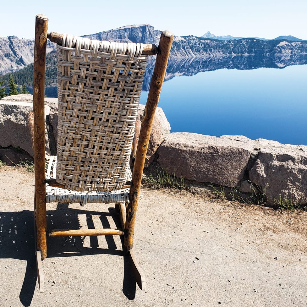 A visit to crater lake means sitting in these cozy chairs with a view