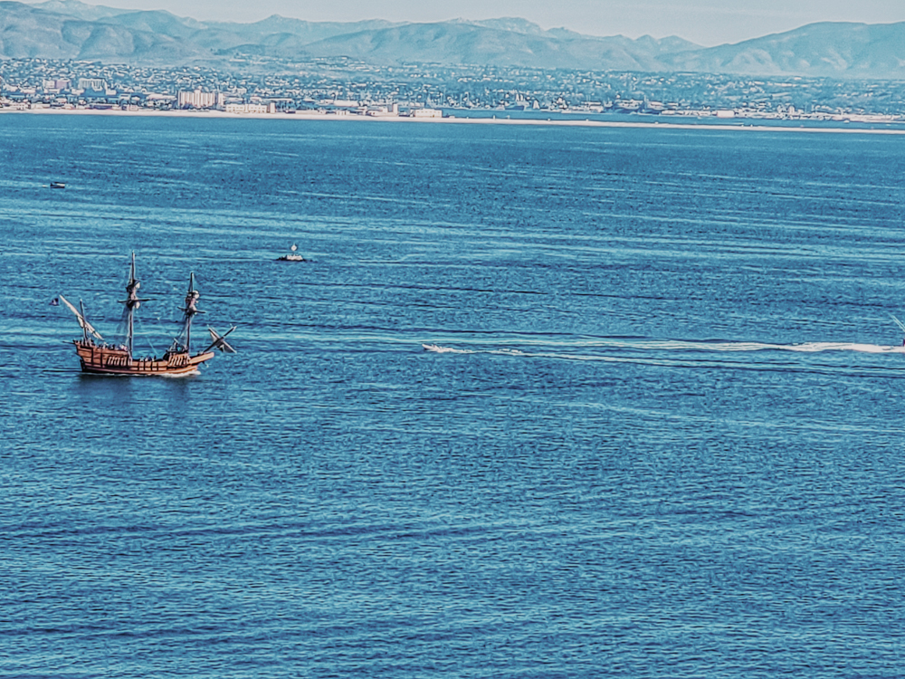 A ship in the bay while on a cabrillo national monument hike