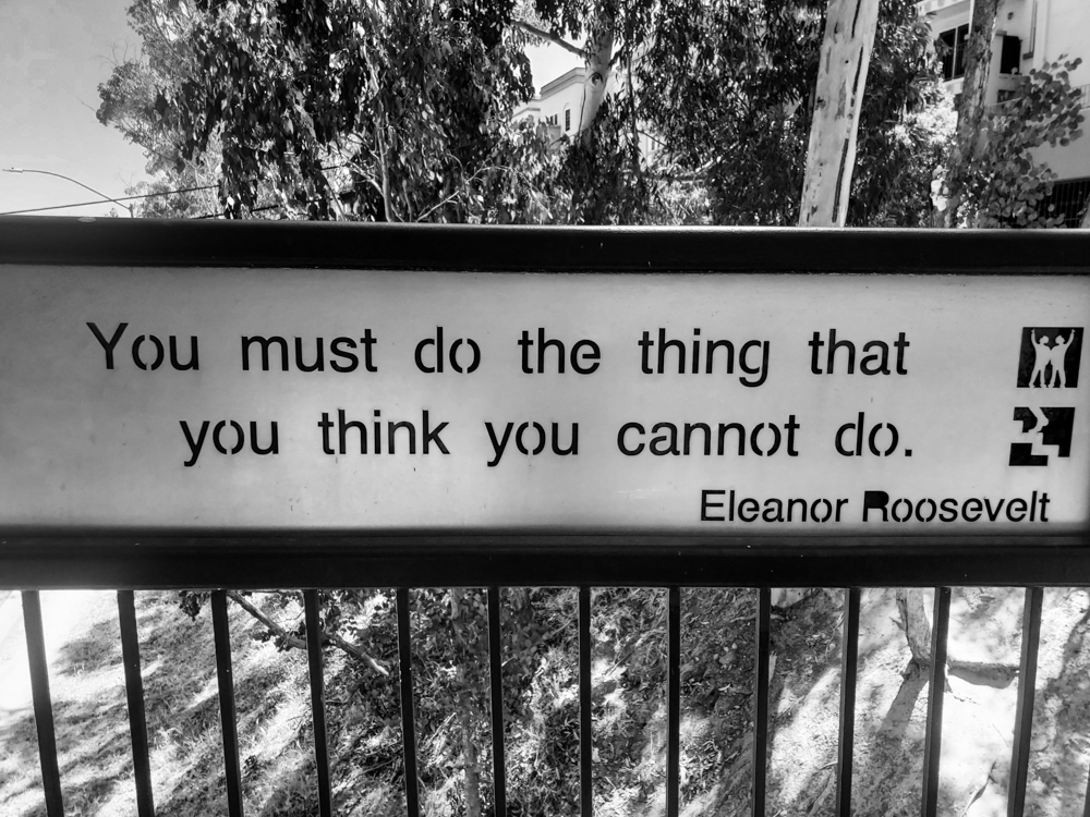 A quote on the Vermont Street Bridge "YOU must do the thing that you think you cannot do" by Eleanor Roosevelt