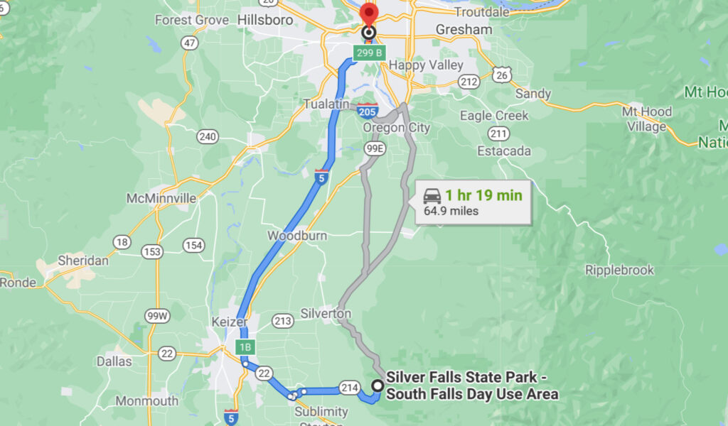 map from Portland to Silver Falls State Park