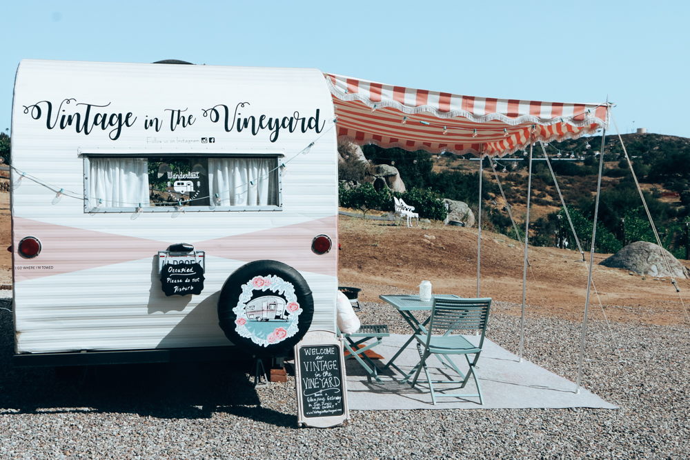 A vintage trailer to rent on the Hatfield Creek Vineyards in the Ramona Valley Wine Region