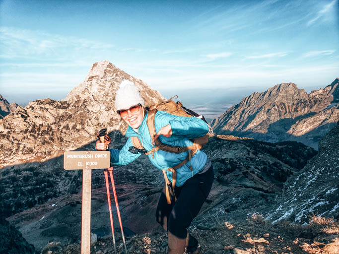 A hiker all decked out in ethical outdoor gear on the Paint Brush Divide Hike in Grand Teton National Park