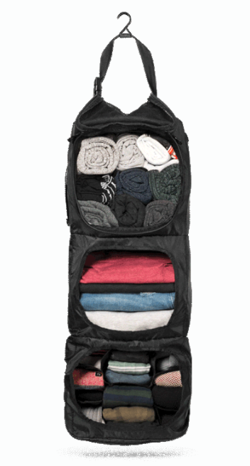 a backpack that unfolds into a closet and made from recycled water bottles is an amazing sustainable gift for travel lovers