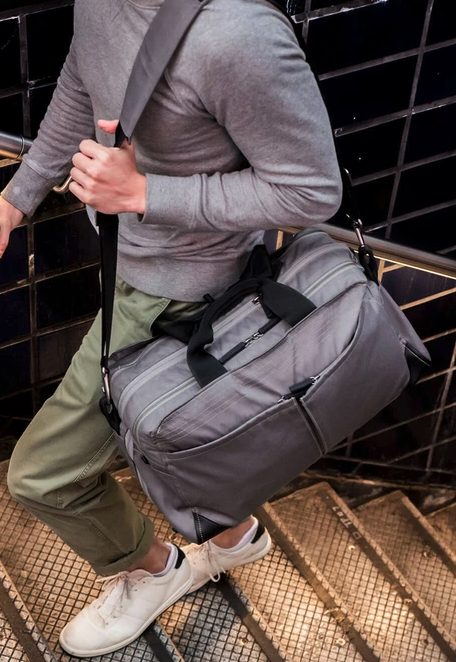 A sustainable bag that looks like a duffel and acts like a suitcase