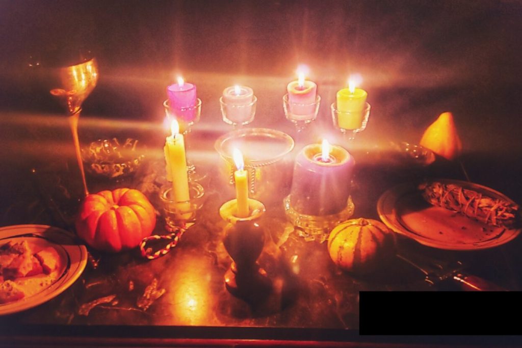 A Samhain alter during a Wiccan healing ritual and circle ceremony